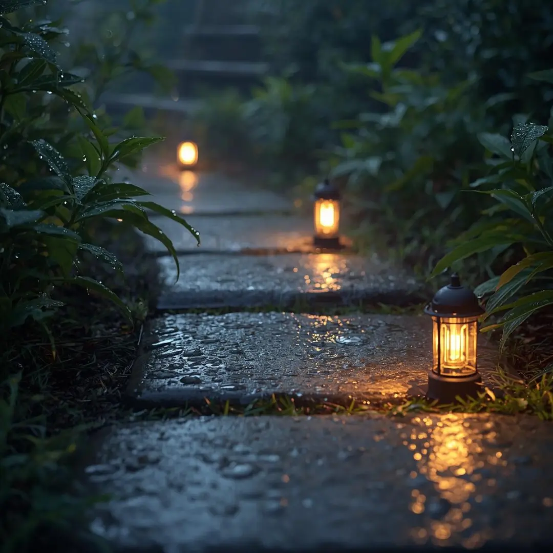 Stone path with garden lights glistening with water droplets